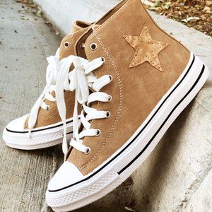 NEW High Top Faux Leather Stitch Star Patch Casual Sneakers Shoes Camel Beige